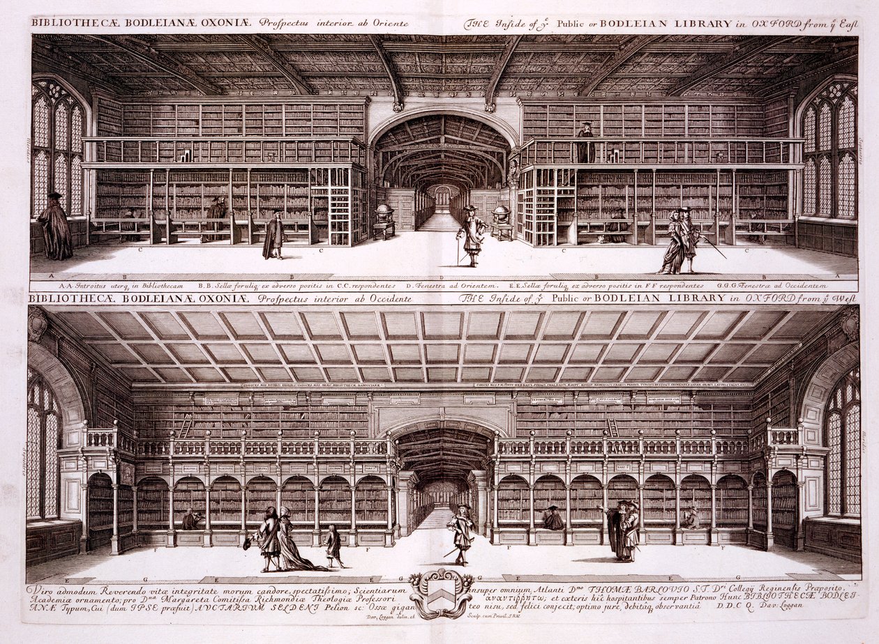 Interno della Biblioteca Bodleiana, Oxford, da Oxonia Illustrata, 1675 da David Loggan