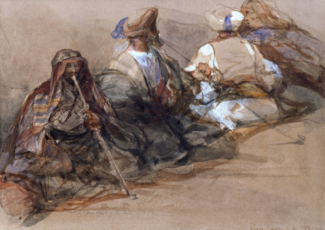 Gruppo di figure arabe, due che fumano un cubuk da David Roberts
