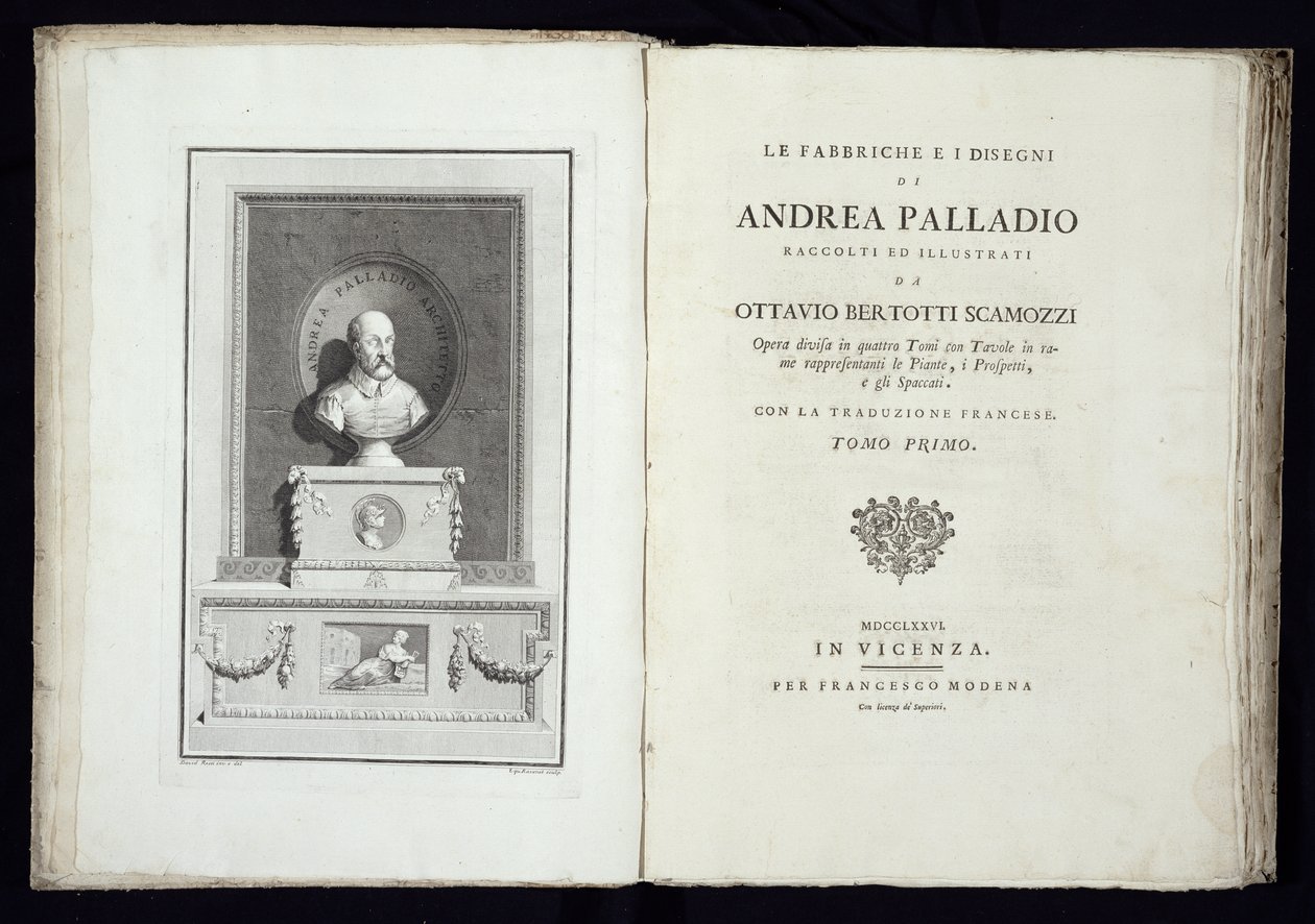 Pagina del titolo di Le Fabbriche e i Disegni di Andrea Palladio con un ritratto dell