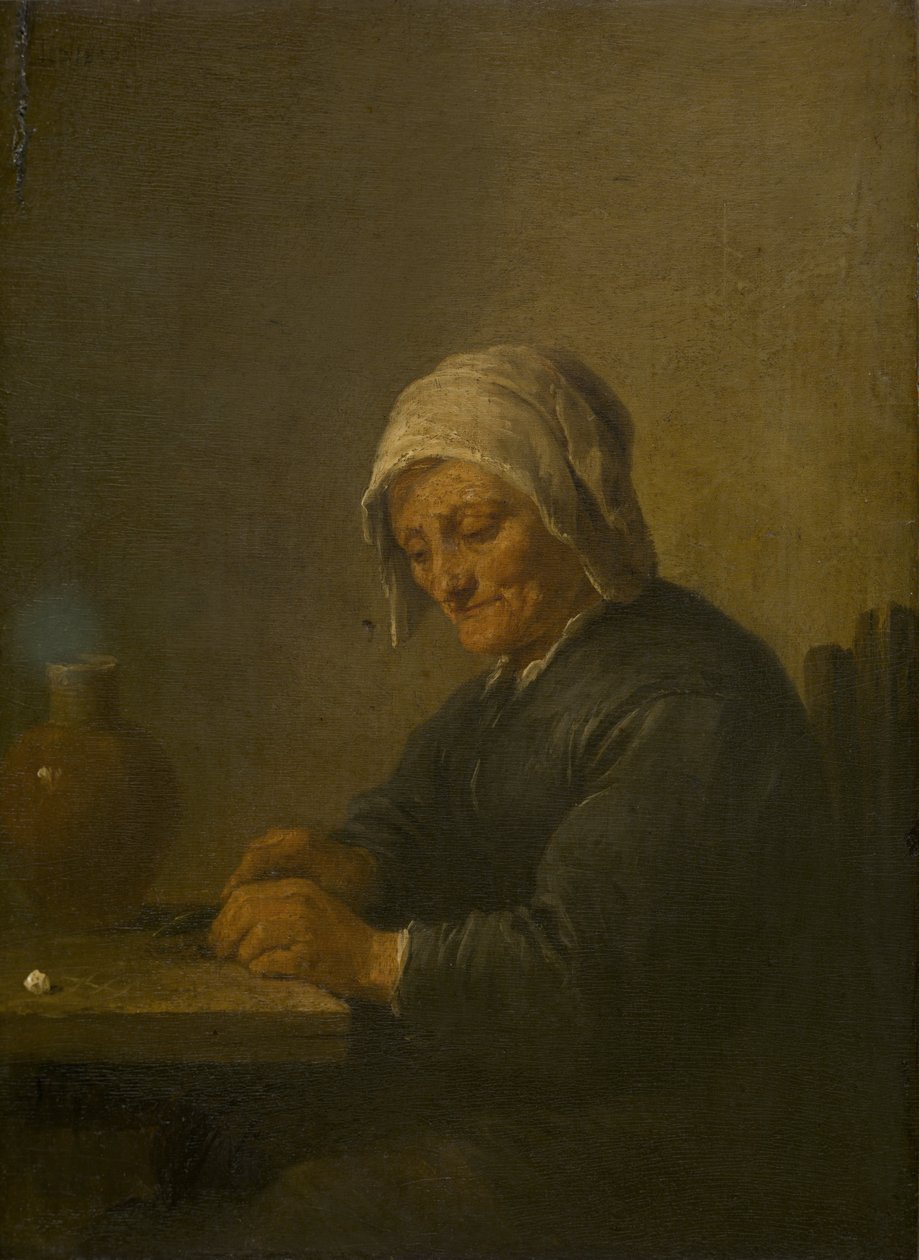 Vecchia donna che taglia tabacco da David Teniers the Younger