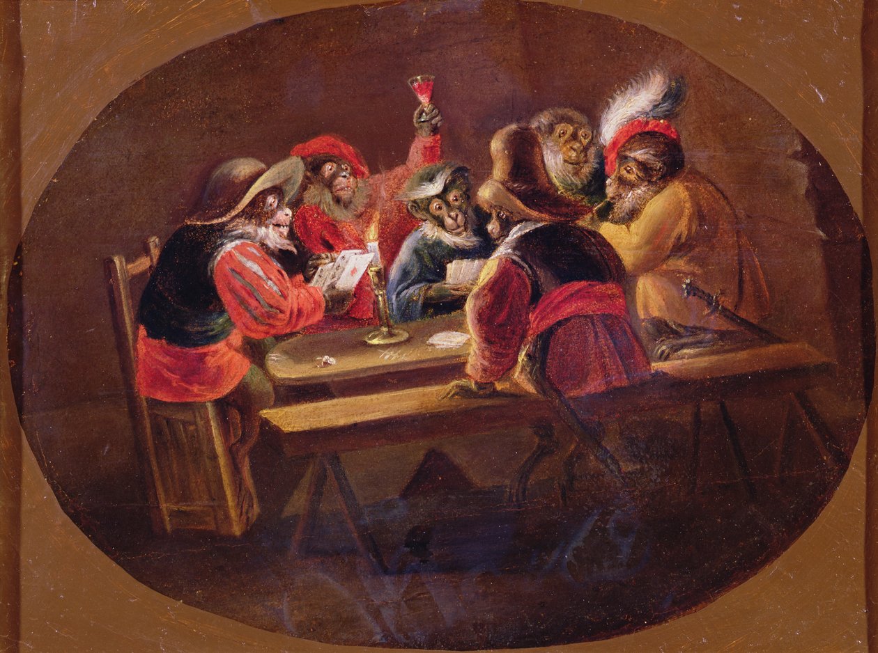 Scimmie vestite da soldati che giocano a carte e fanno baldoria da David Teniers the Younger