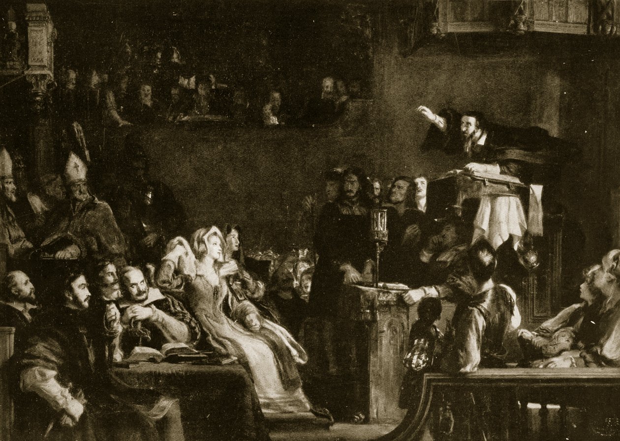 John Knox che predica davanti ai Lords of Congregation nella Cattedrale di St. Andrews, 1559, illustrazione da 