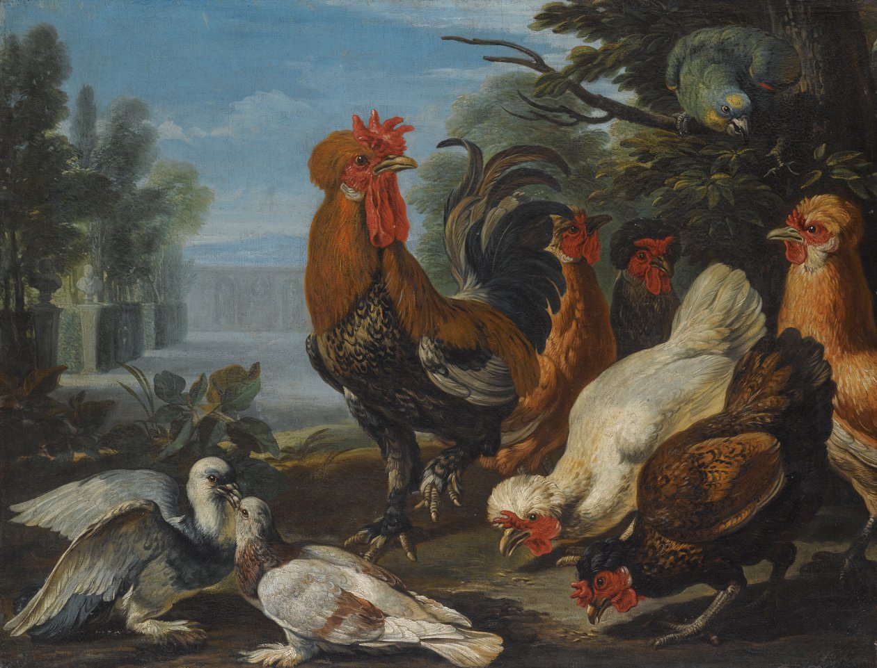 Un gallo, galline, piccioni e un pappagallo in un giardino da David de Coninck