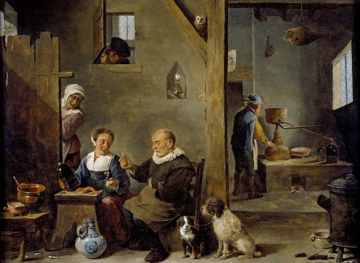 Una distilleria con un anziano che compra gin da una donna, c. 1640-49 da David Teniers the Younger