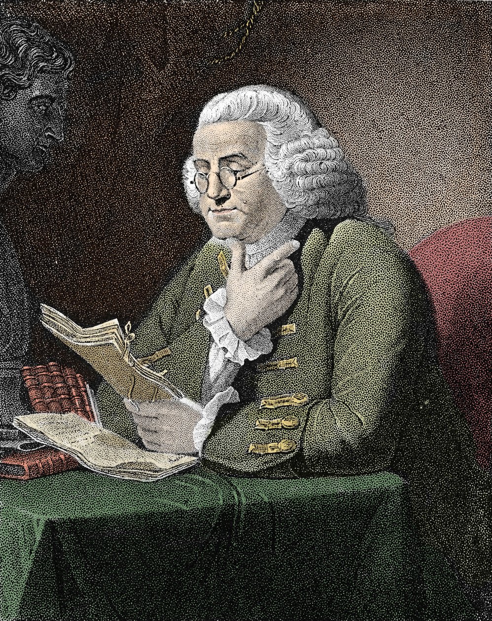 Ritratto di Benjamin Franklin (1706-1790), filosofo, fisico e ambasciatore americano. Incisione da un dipinto di David Martin. da David (after) Martin
