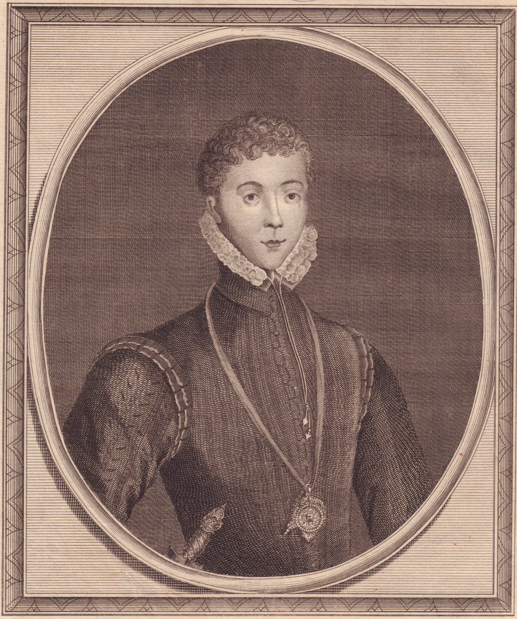 Ritratto di Henry Stuart, Lord Darnley (1545-1567), Re Consorte di Scozia, incisione in rame di John Goldar (1729-1795) da un dipinto di Lucas de Heere da John Ward Dunsmore