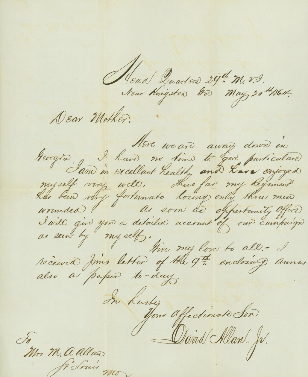 Lettera firmata David Allan, Jr., Quartier Generale 29th M.V.I., vicino a Kingston, Ga., a sua madre Mrs. M.A. Allan, St. Louis, Mo., 20 maggio 1864 da David Allan