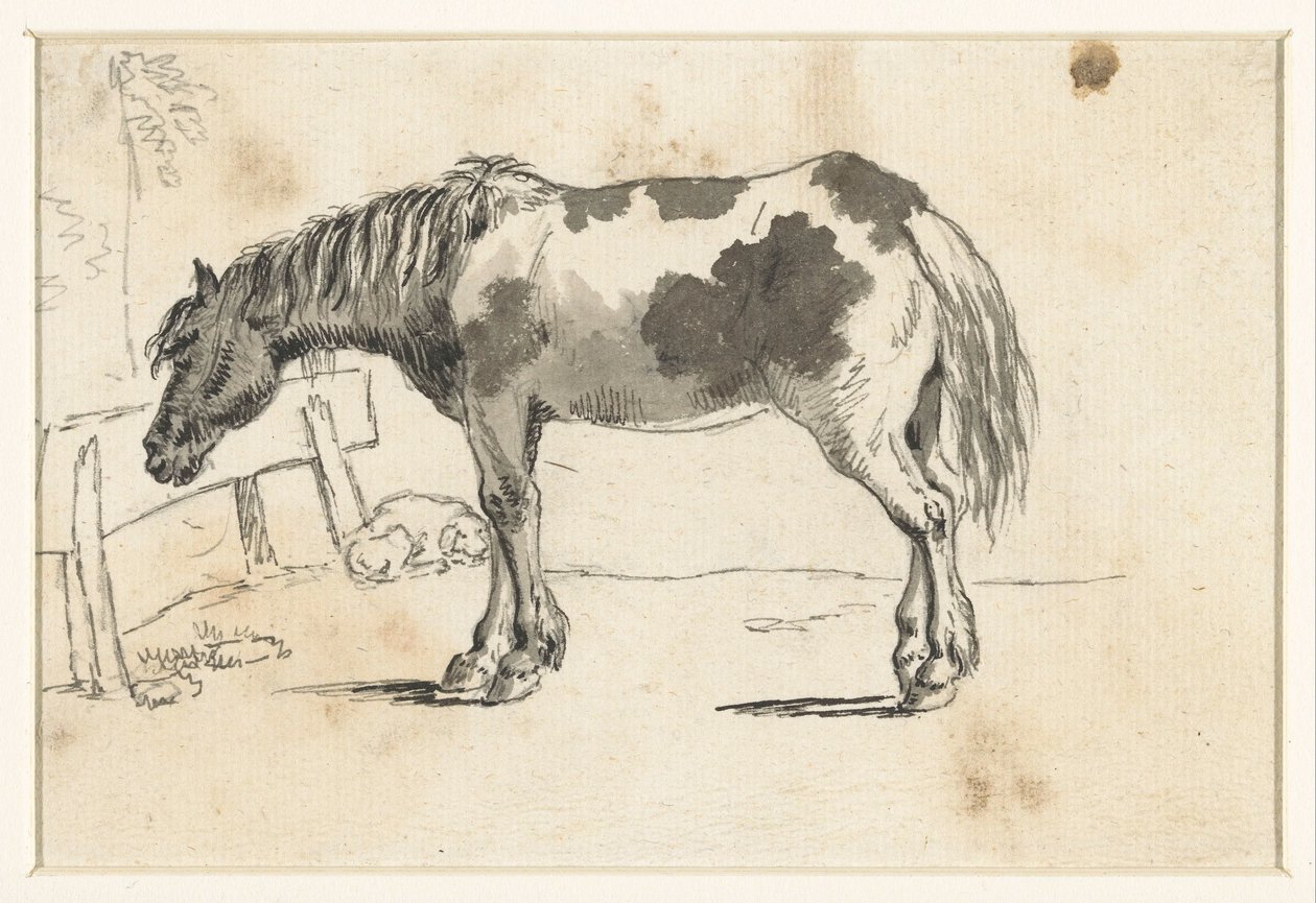 Cavallo in piedi e un cane sdraiato da David Alphonse de Sandoz Rollin