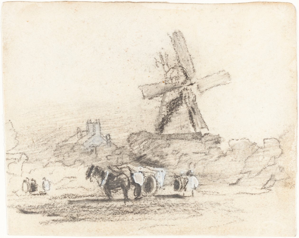 Un carro con due cavalli vicino a un mulino a vento da David Cox