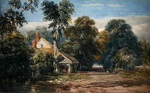 Un cottage e una stalla al margine di un bosco da David Cox