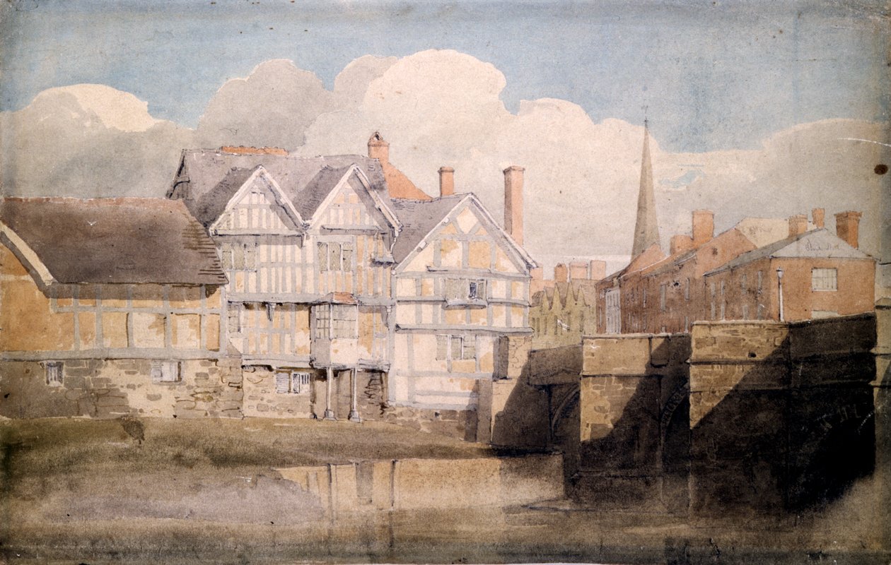 Vecchie case e ponte di Wye, Hereford da David Cox