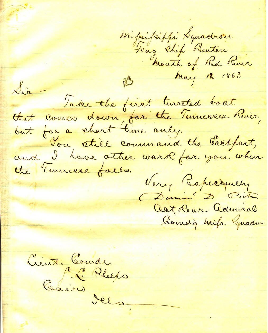 Lettera di David D. Porter, U. S. S. Benton, foce del Red River, a Seth Ledyard Phelps, Cairo, Illinois, 12 maggio 1863 da David D. Porter