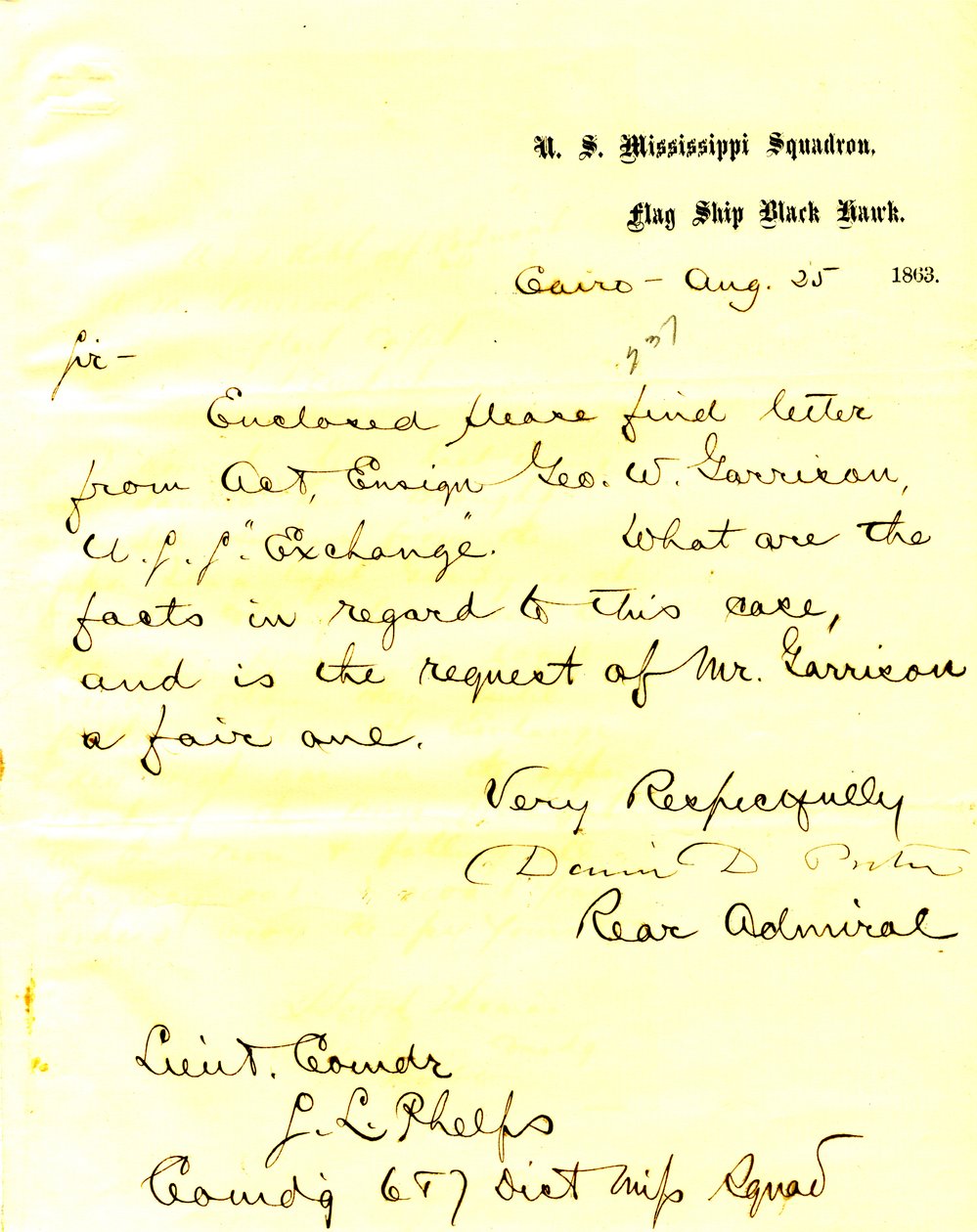 Lettera di David D. Porter, U. S. S. Black Hawk, Cairo, Illinois, a Seth Ledyard Phelps, 25 agosto 1863 da David D. Porter