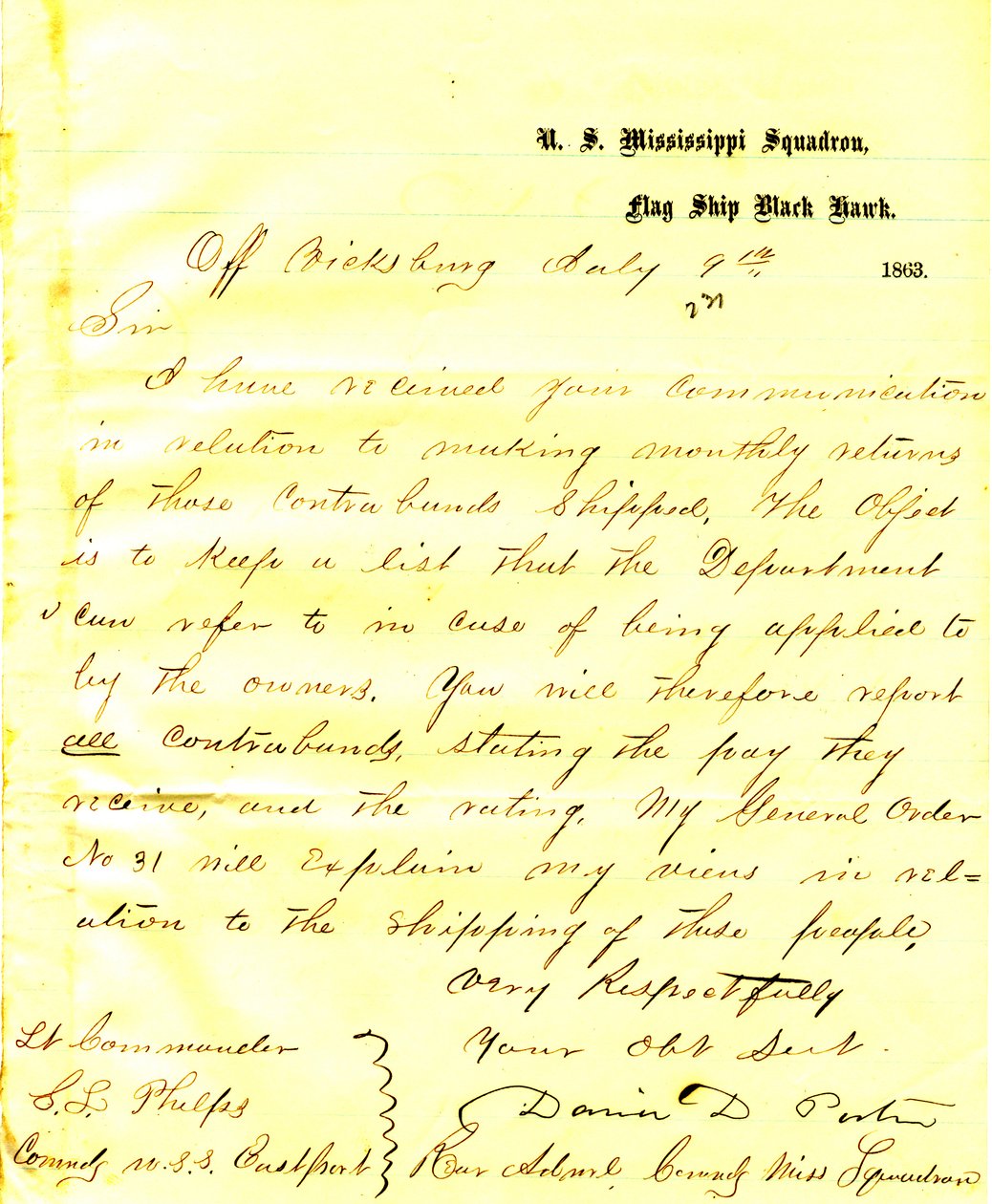 Lettera di David D. Porter, U. S. S. Black Hawk, al largo di Vicksburg, a Seth Ledyard Phelps, comandante della U. S. S. Eastport, 9 luglio 1863 da David D. Porter