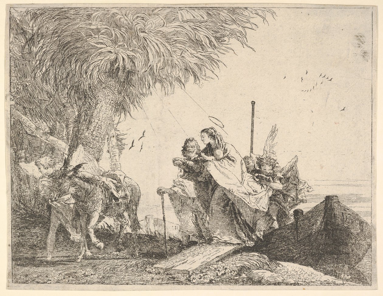 Maria, aiutata da Giuseppe e un angelo, scende da una barca a riva, un angelo stabilizza da David Giovanni