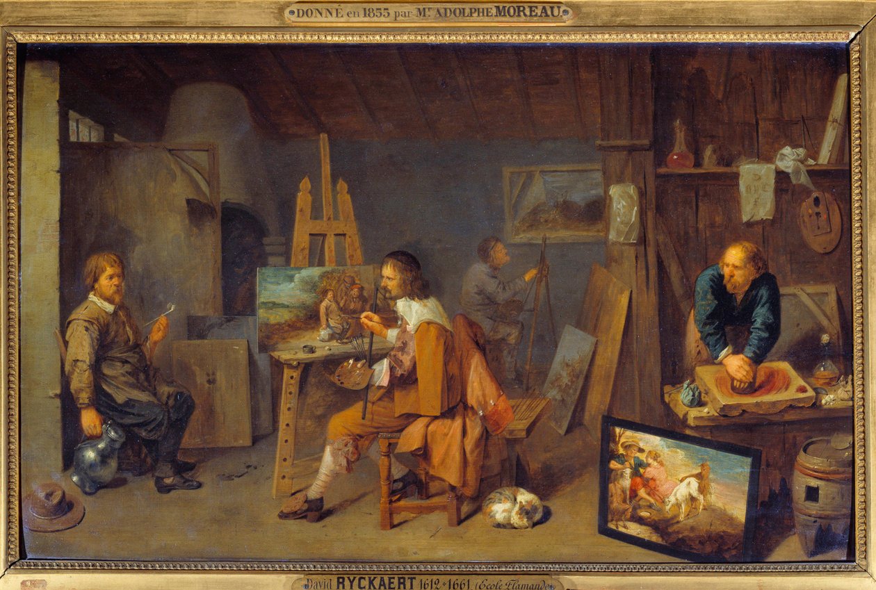 Atelier del pittore con modello in posa e macinatore di colori da David III Ryckaert