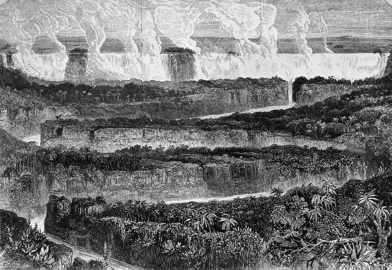 Veduta delle grandi cascate dello Zambesi, conosciute come Mosi-oa-Tunya o Cascate Vittoria, Zambia (incisione) da David Livingstone