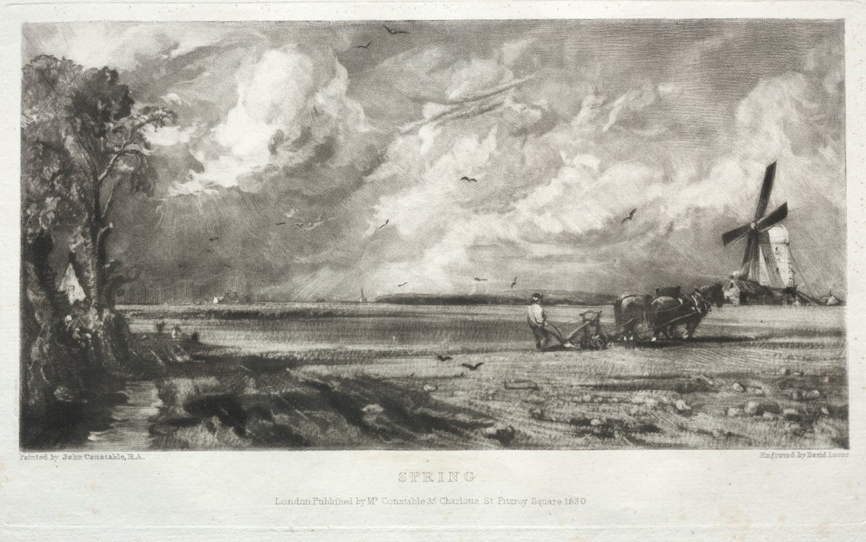 Vari soggetti di paesaggio, caratteristici del paesaggio inglese da quadri dipinti da John Constable, R.A.: Primavera. Un mulino su un comune. Grandinate. East Bergholt, Suffolk da David Lucas