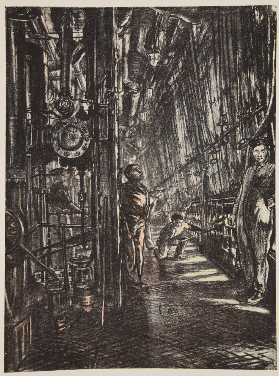 Una sala caldaie su una nave da guerra, illustrazione da 