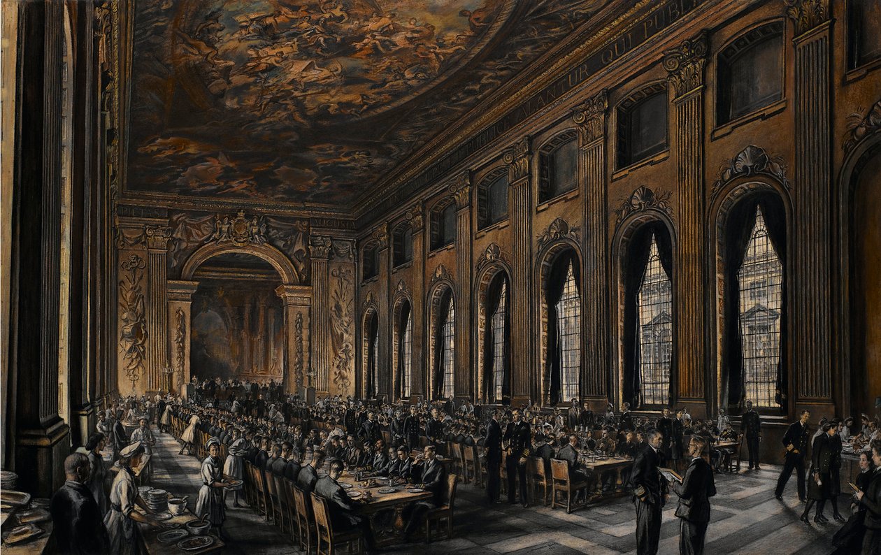Ufficiali che cenano nella sala dipinta (al Royal Hospital di Greenwich, Inghilterra, per i pensionati della marina) durante la Seconda Guerra Mondiale (1939-1945) da David Muirhead Bone