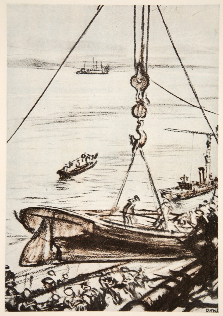 Su una nave da guerra: abbassamento di una barca dal derrick principale, illustrazione da 