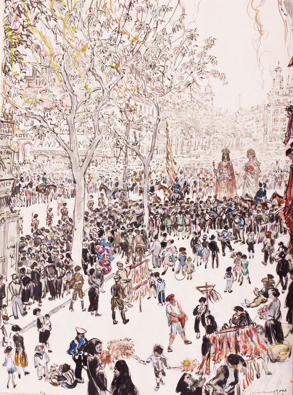 La bandiera della città e i giganti, Processione del Corpus Domini, le Ramblas, Barcellona, 8 giugno da David Muirhead Bone
