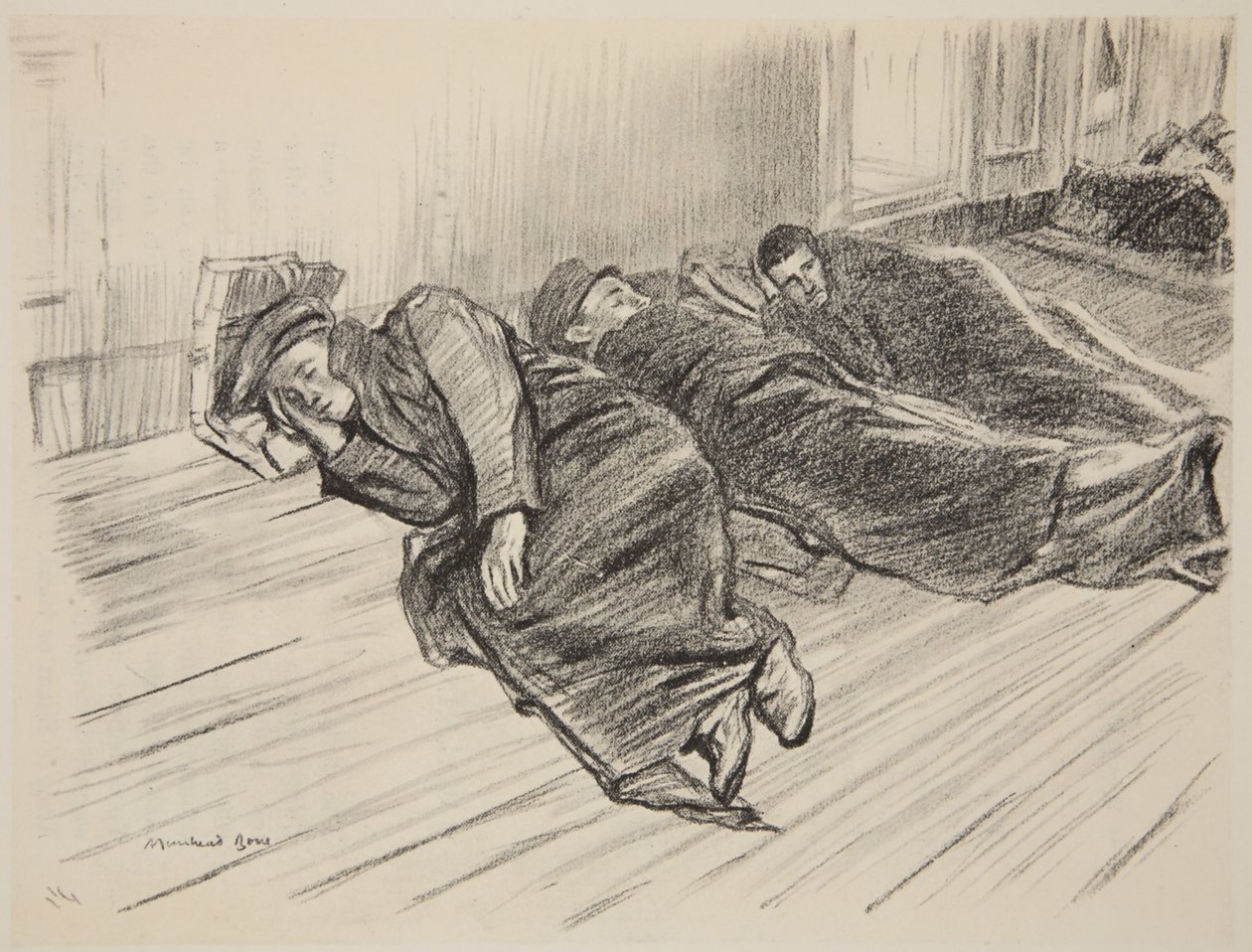Feriti in marcia che dormono sul ponte, illustrazione da 
