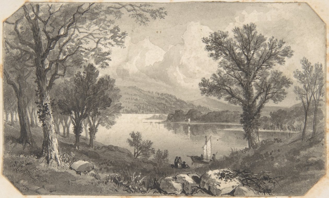 Veduta di un lago o fiume con una barca a vela da David Octavius Hill