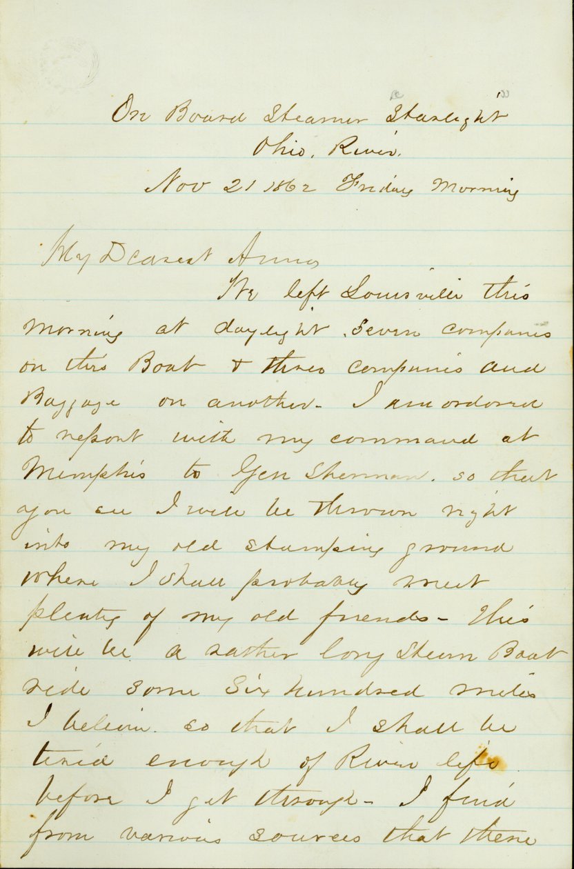 Lettera da D. P. Grier, a bordo del piroscafo Starlight, Fiume Ohio, ad Anna McKinney, 21 novembre 1862 da David Perkins Grier
