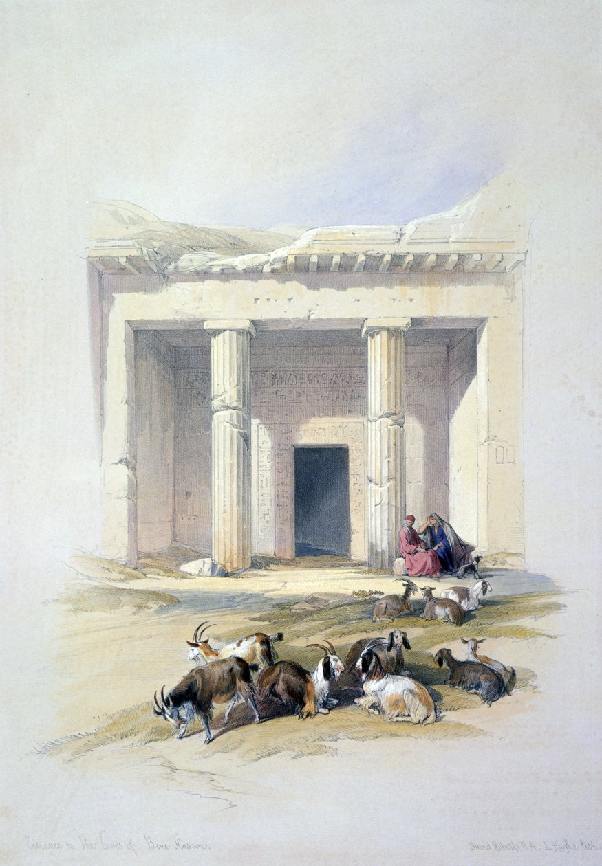Ingresso alle grotte di Beni Hasan: Antico luogo di sepoltura egiziano utilizzato principalmente durante il Medio Regno, dal XXI al XVII secolo a.C. Di David Roberts (1796-1864), artista e orientalista scozzese. da David Roberts
