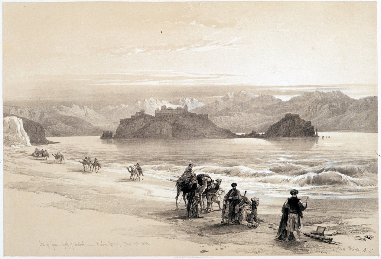Isola di Graia, golfo di Akabah (Akaba o Aqaba), disegno realizzato il 27/02/1839 in "La Terra Santa", Londra 1849 da David Roberts