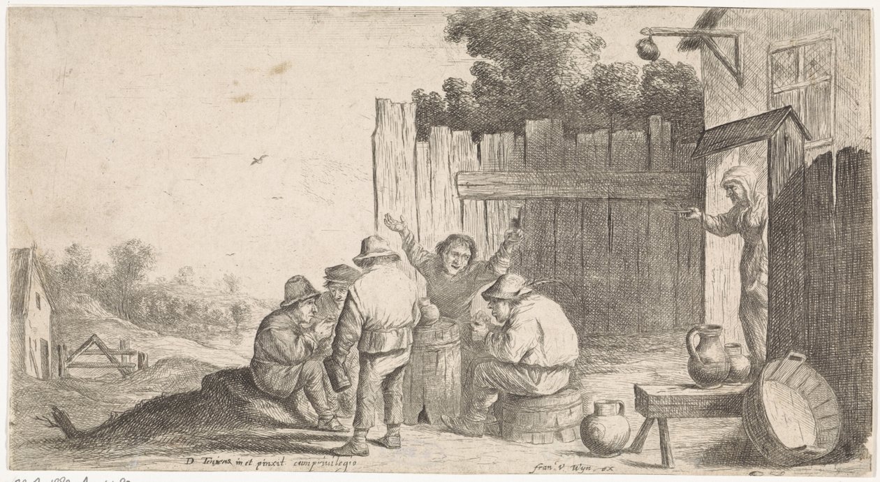 Cinque contadini intorno a una botte da David Teniers (II) (attributed to workshop of)