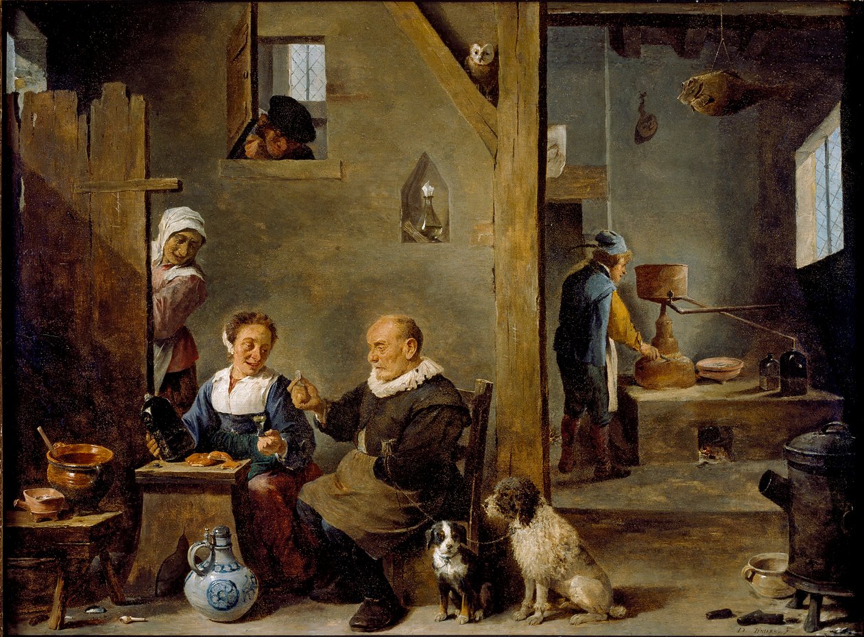 Una distilleria con un anziano che compra gin da una donna da David Teniers II