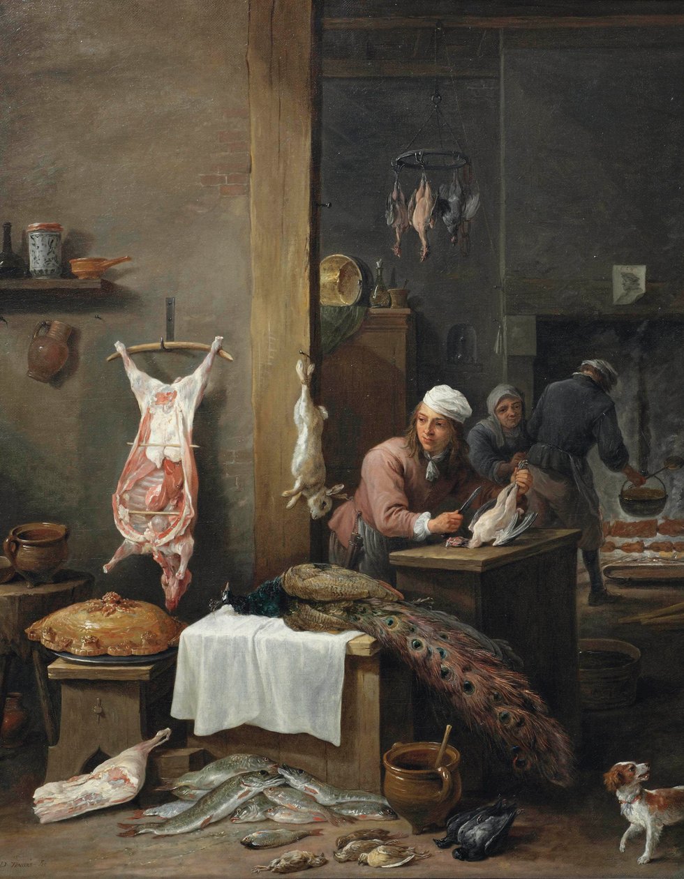 Un interno di cucina con un cuoco che prepara la selvaggina al tavolo (Le Cuisinier Flamand) da David Teniers the Younger