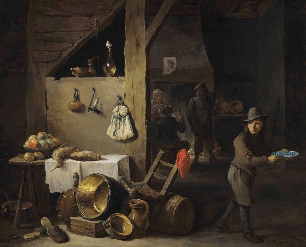 Interno di cucina con un ragazzo e tre figure che bevono e fumano da David Teniers the Younger