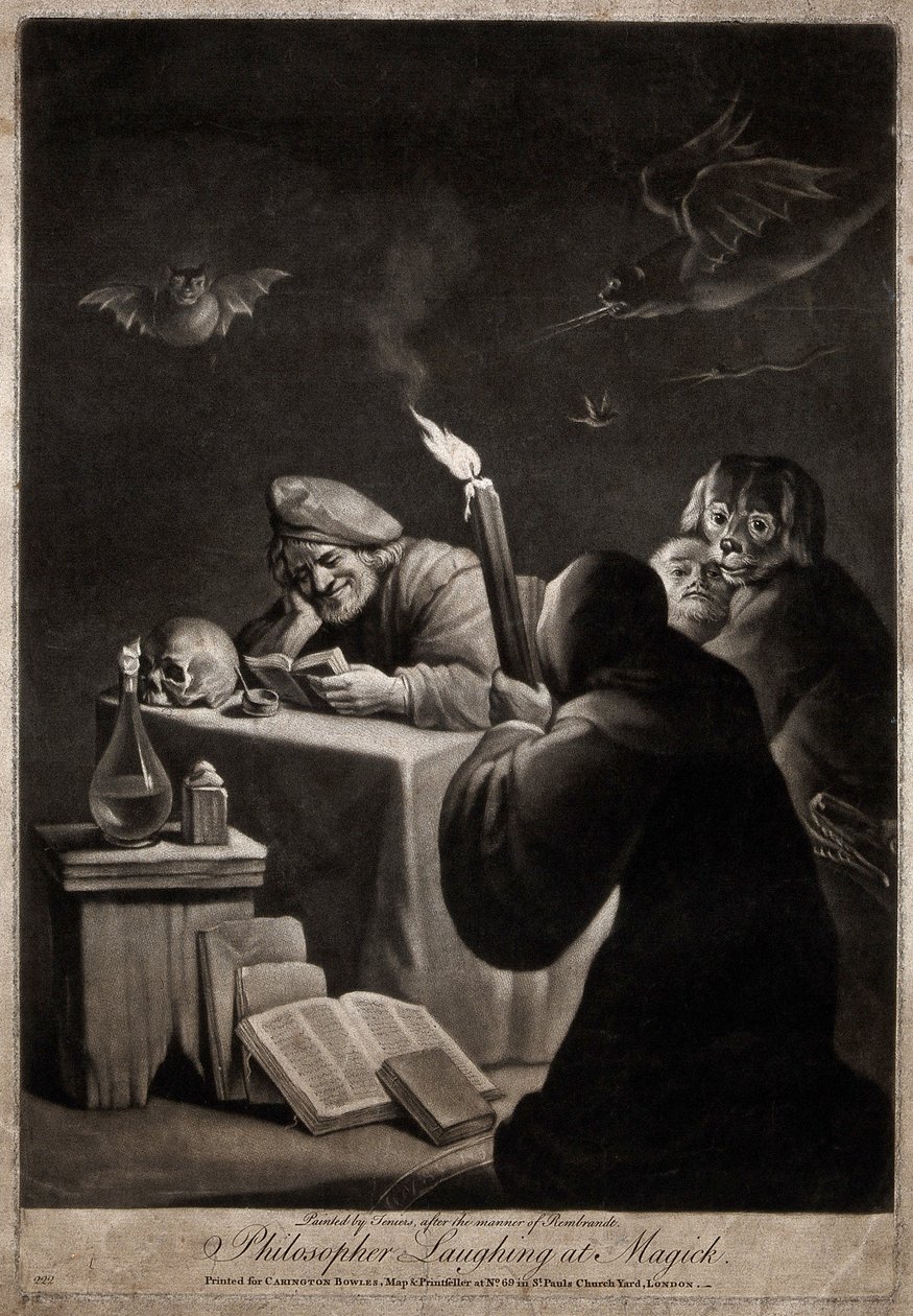 Un uomo che legge un libro, sorridendo; accanto a lui un uomo incappucciato, in ginocchio da David Teniers the Younger