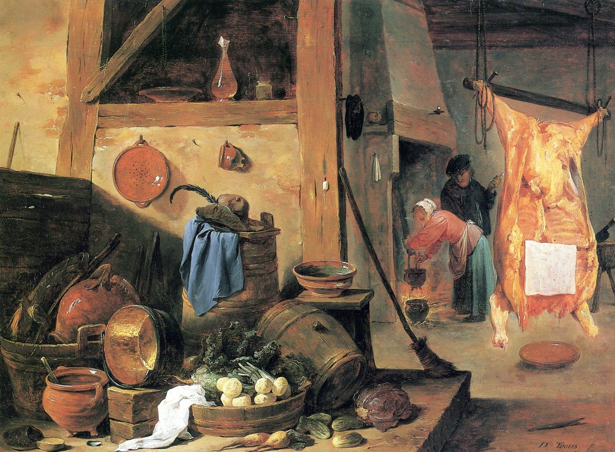 Interno cucina con natura morta e bue macellato da David Teniers the Younger