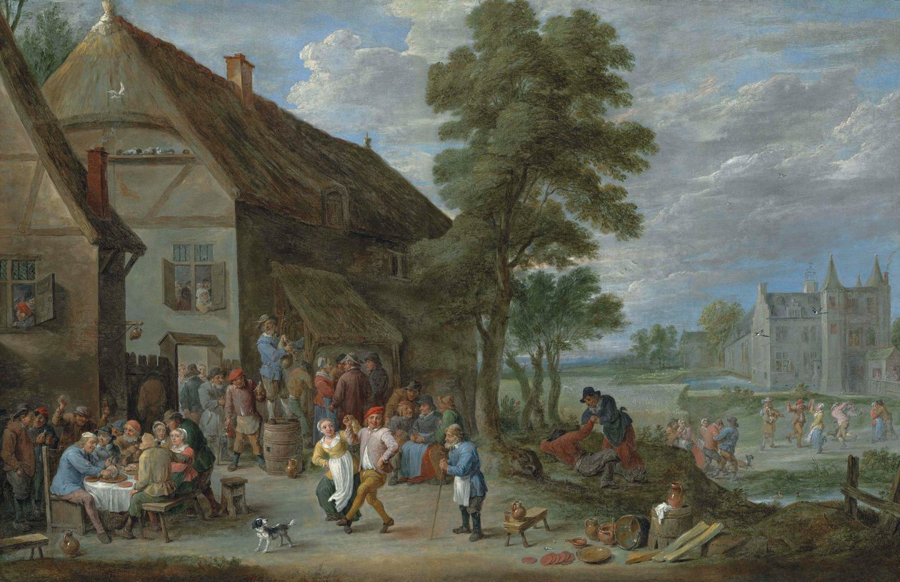 Contadini che ballano davanti a una locanda di Perck, con il Kasteel de Drij Toren al di là da David Teniers the Younger