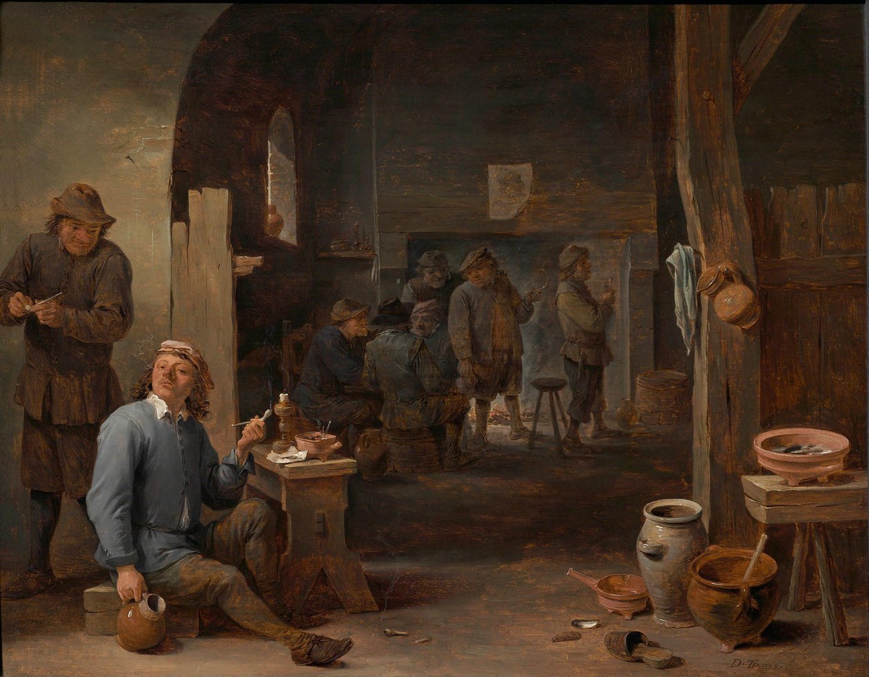 Interno di una locanda con contadini che fumano accanto a un tavolo e conversano davanti a un fuoco da David Teniers the Younger