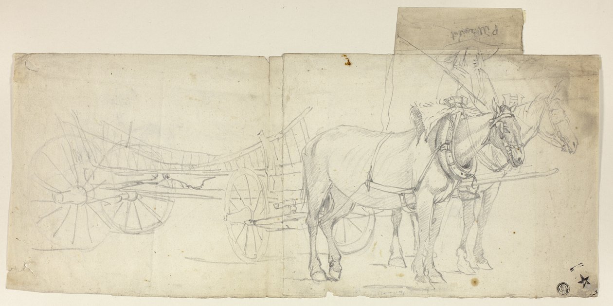 Squadra di due cavalli con conducente, che tira la carrozza (recto); schizzi di donne chinate (verso) da David Teniers the Younger