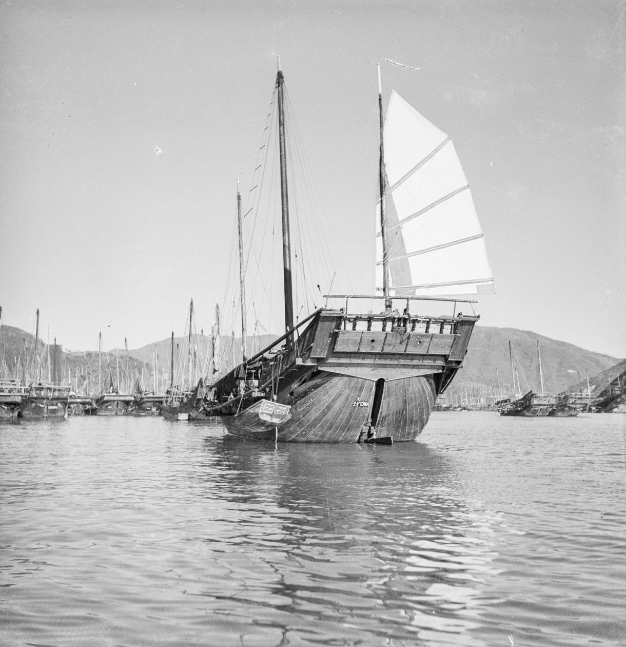 Vista di poppa della giunca da pesca tipo d.w. di Hong Kong 2473HA ancorata a Hong Kong da David Watkin Waters