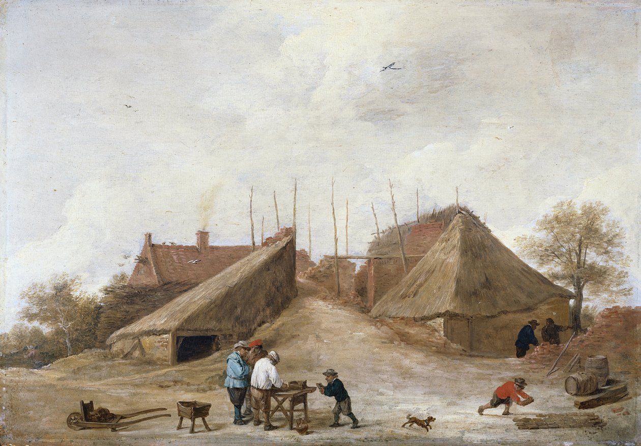 Un cortile di fattoria con figure intorno a un tavolo da David Teniers the Younger