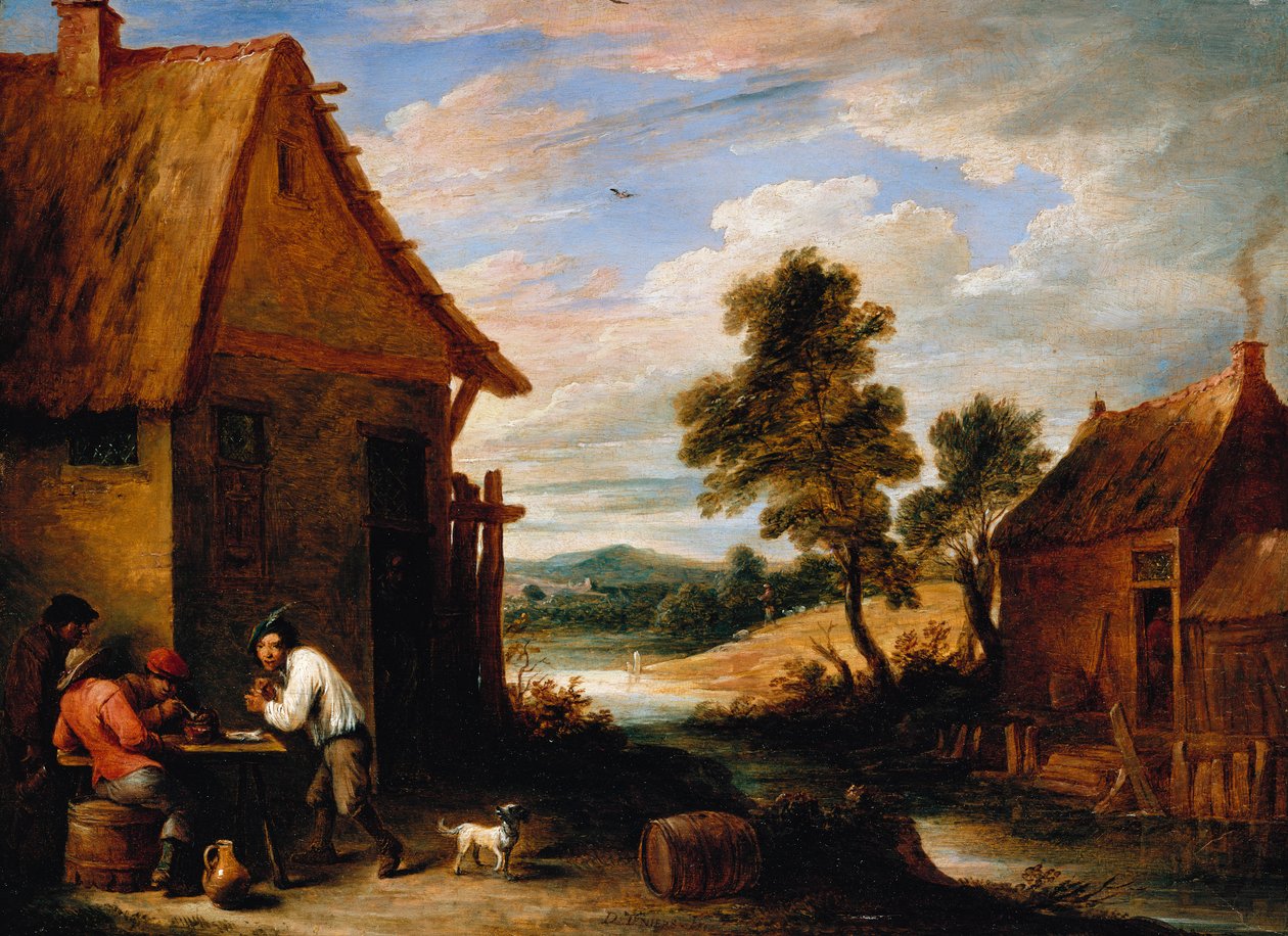 Paesaggio fluviale con contadini fuori da una taverna da David Teniers the Younger