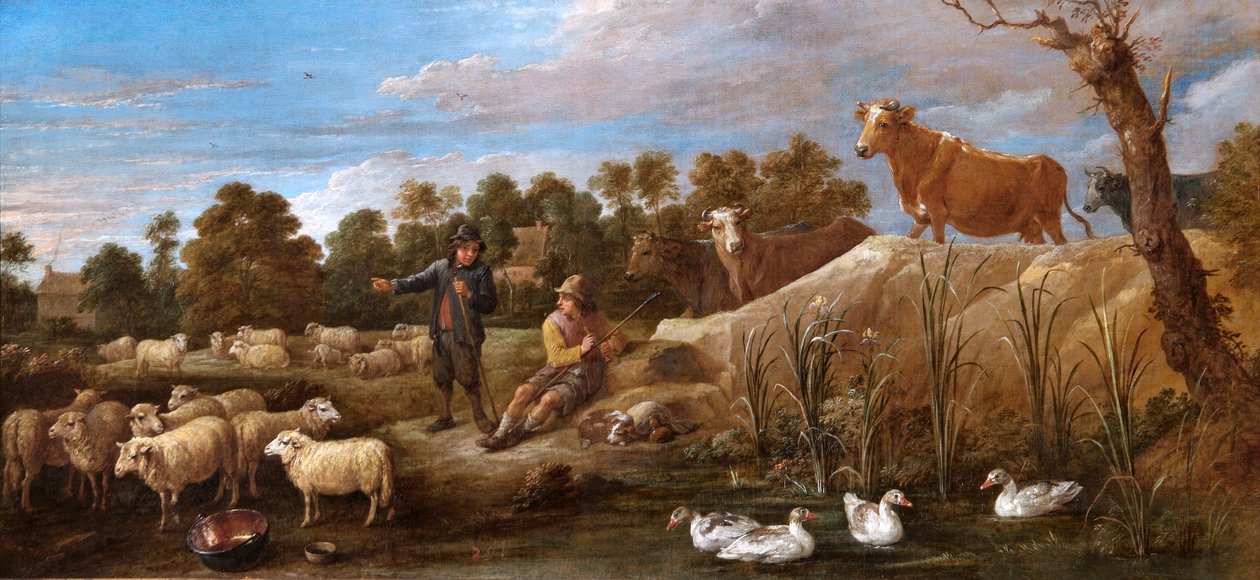 Paesaggio con due pastori, bestiame e anatre da David Teniers the Younger