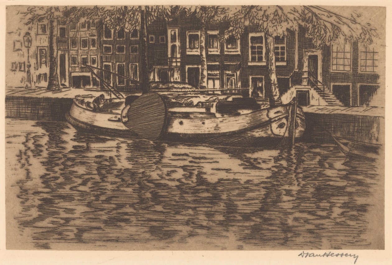 Canale con barca a vela attraccata da David van Hessen (signed by artist)