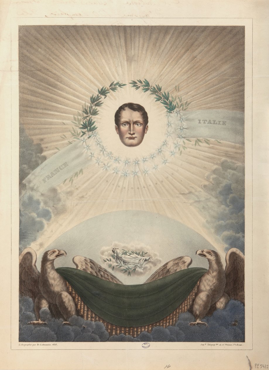 Allegoria di Napoleone circondato da una corona di alloro e una stella, e sotto, Napoleone in morte avvolto in un sudario, 1828 da De Labarussias