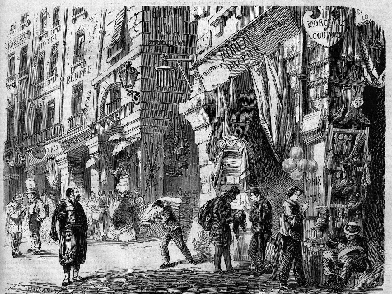 Parigi, vista delle gallerie coperte al piano terra delle case di rue de la Tonnelerie, chiamate anche i pilastri delle Halles, incisione da un disegno di Delannoy, in 