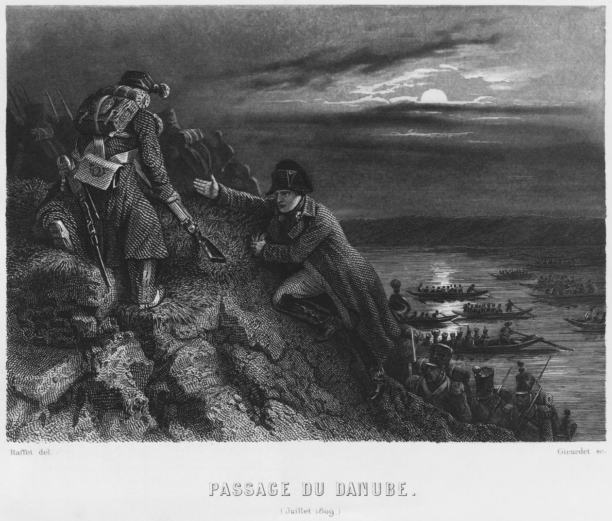 Napoleone I Bonaparte (1769-1821) attraversa il fiume Danubio durante la notte del 4 luglio 1809, inciso da Abraham Girardet (1764-1823) da Denis Auguste Marie Raffet