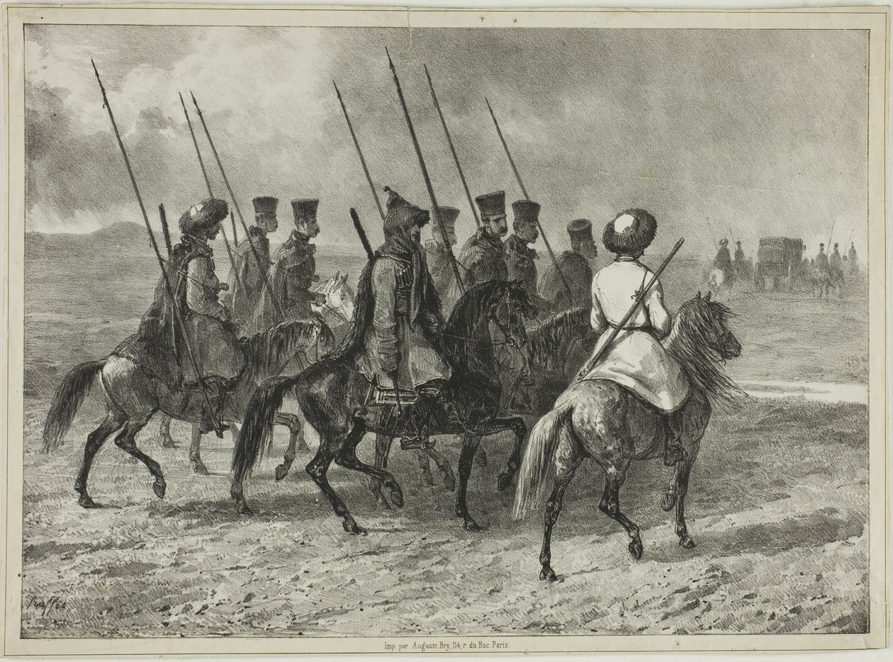 Scorta Cosacca al Confine del Kuban, Taman (Russia Centrale), 11 Ottobre 1837 da Denis Auguste Marie Raffet
