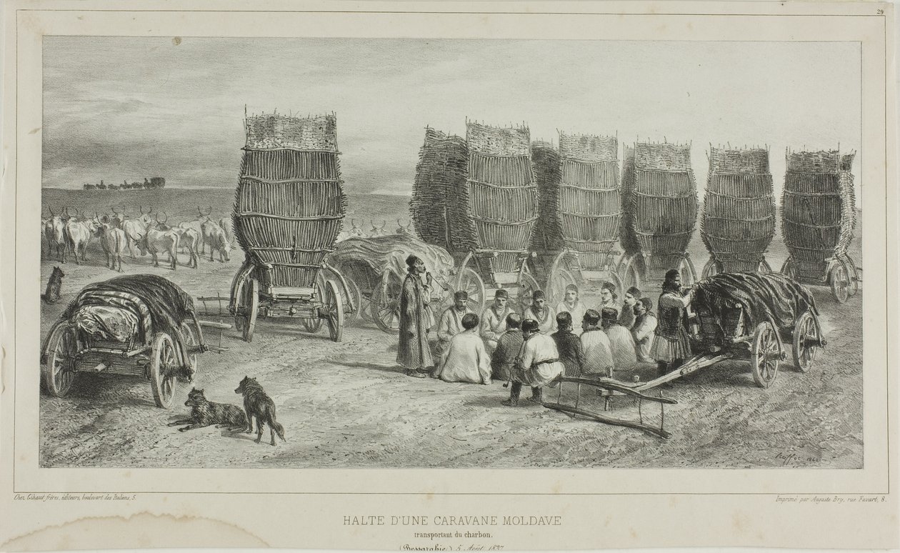 Punto di sosta di una carovana moldava che trasporta carbone, Bessarabia, 5 agosto 1837 da Denis Auguste Marie Raffet